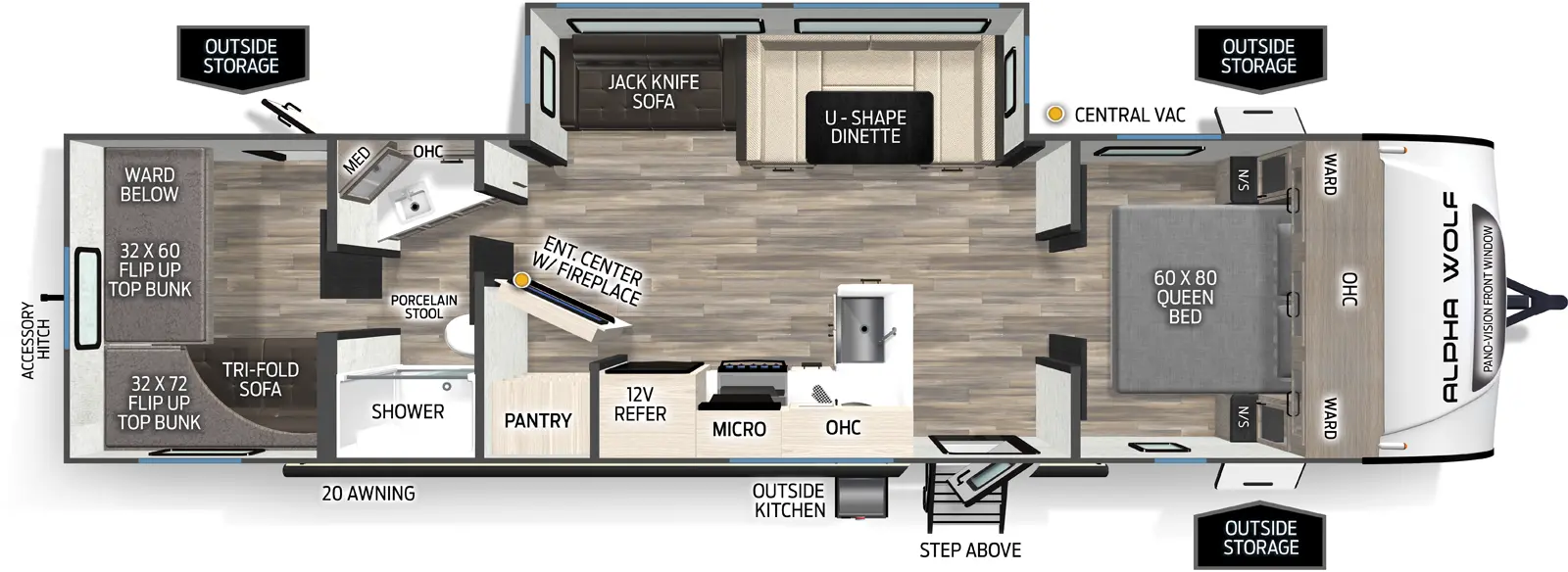 The Alpha Wolf 29TB floorplan has one entry and one slide out. Exterior features include: fiberglass exterior, 20' awning and outside kitchen. Interiors features include: bunk beds, u-dinette, front bedroom and pass through bathroom.